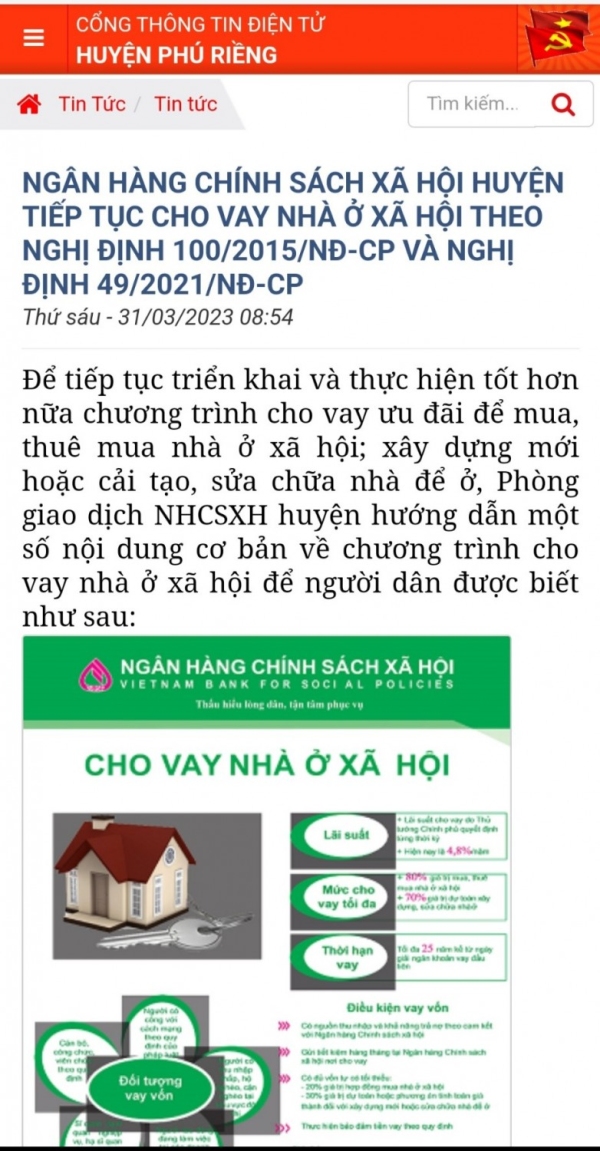 42 hộ gia đình trên địa bàn huyện Phú Riềng được vay nhà ở xã hội theo Nghị định 100/2015/NĐ-CP và Nghị định 49/2021/NĐ-CP