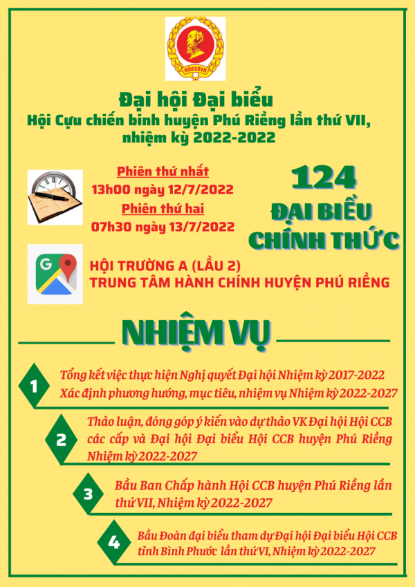 ĐẠI HỘI ĐẠI BIỂU HỘI CỰU CHIẾN BINH HUYỆN PHÚ RIỀNG LẦN THỨ VII, NHIỆM KỲ 2022-2027 SẼ DIỄN RA TRONG 2 NGÀY 12-13/7/2022